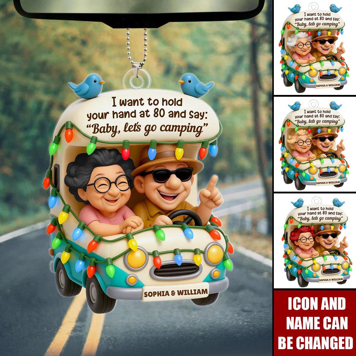 Personalized 3D Effect Happy Camping Old Couple Acrylic Car Ornament With Icons & Names - Trip Keepsake Anniversary Gift For Grandparents