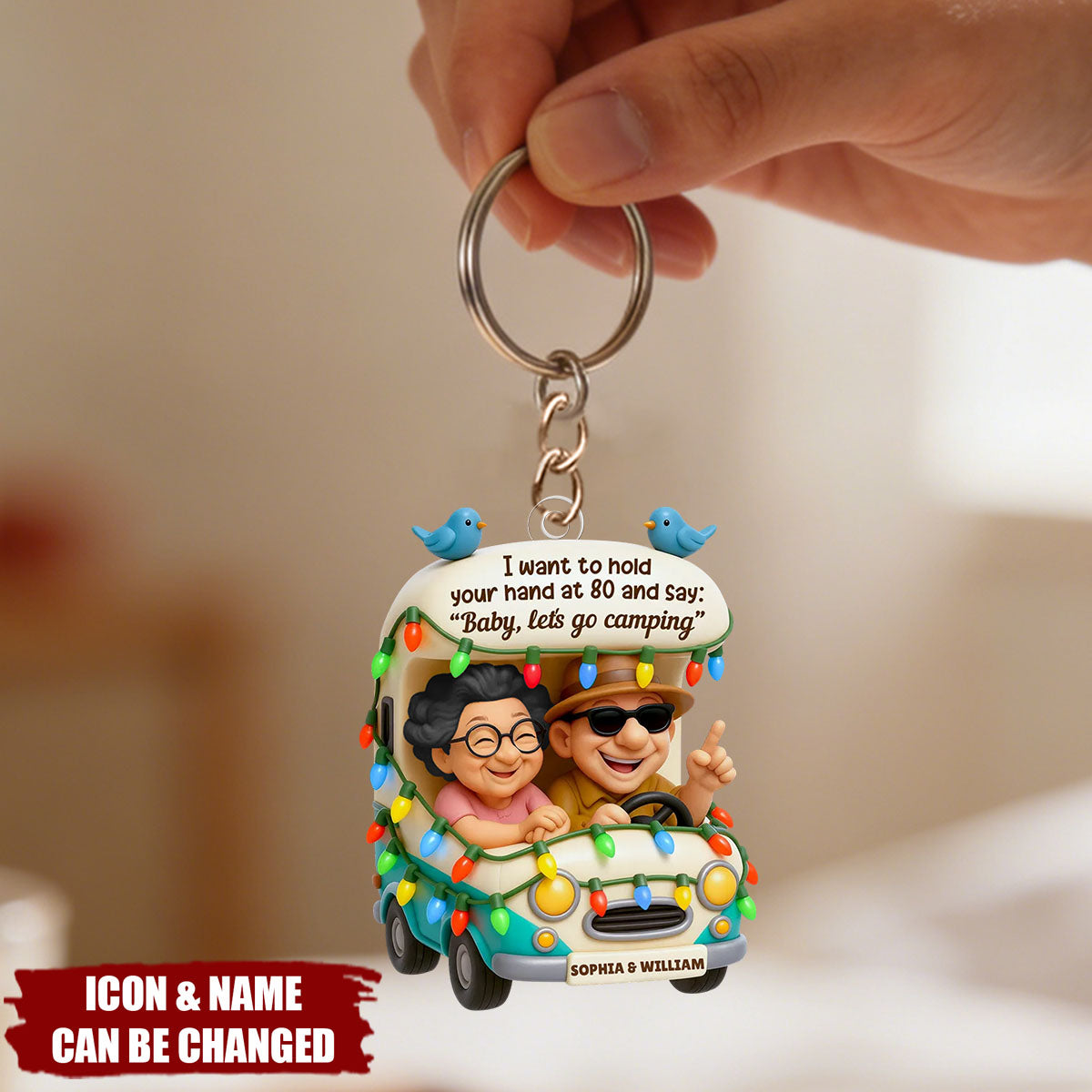 Personalized "Baby Let's Go Camping" Acrylic Keychain With Names & Icons | Unique Retirement Anniversary Gift For Old Couples & Travel Lovers