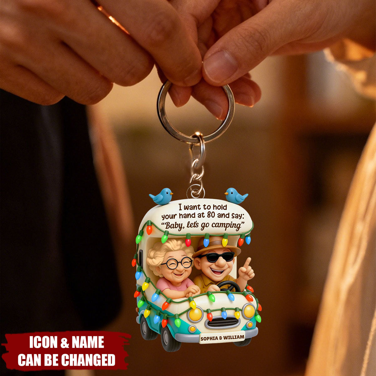 Personalized "Baby Let's Go Camping" Acrylic Keychain With Names & Icons | Unique Retirement Anniversary Gift For Old Couples & Travel Lovers