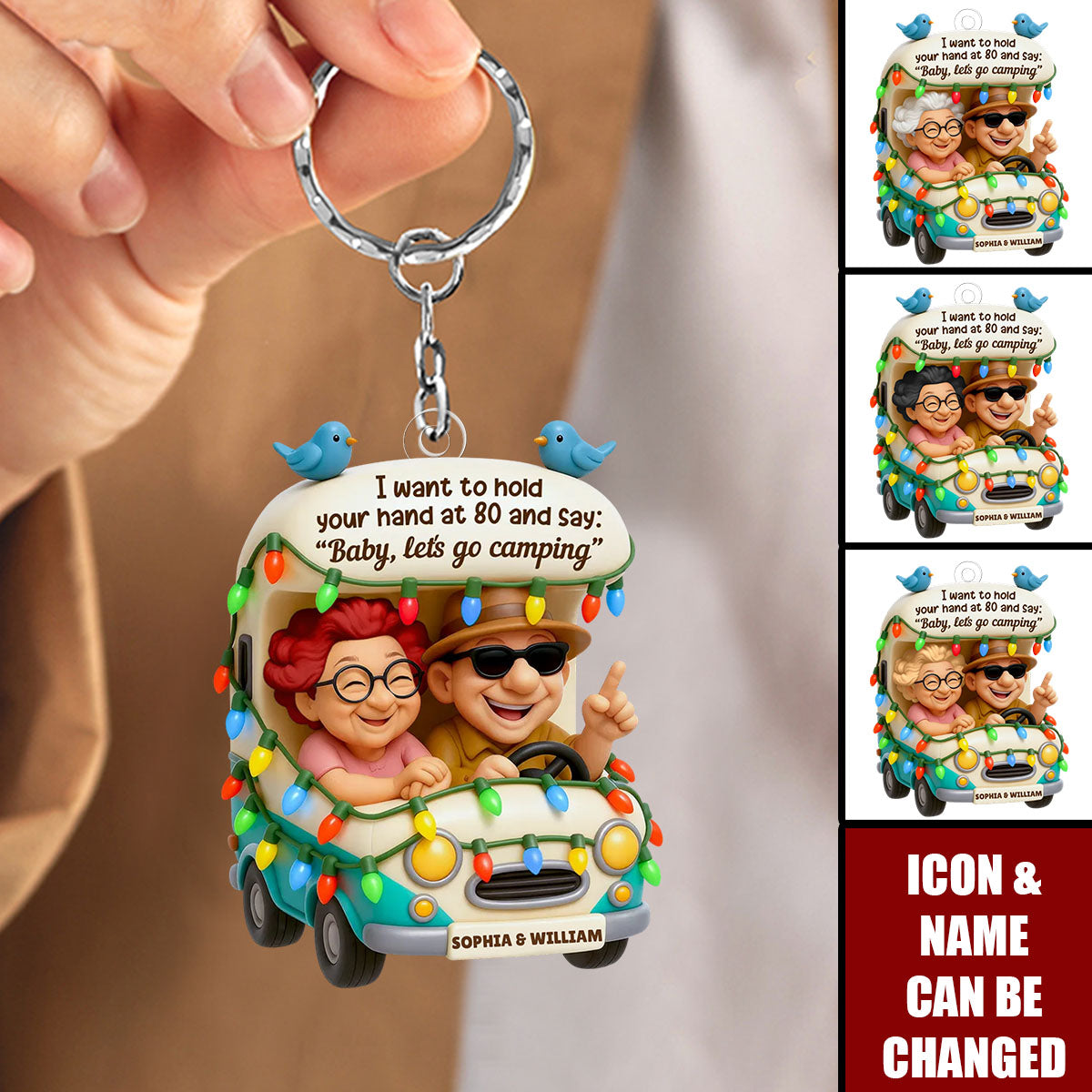 Personalized "Baby Let's Go Camping" Acrylic Keychain With Names & Icons | Unique Retirement Anniversary Gift For Old Couples & Travel Lovers