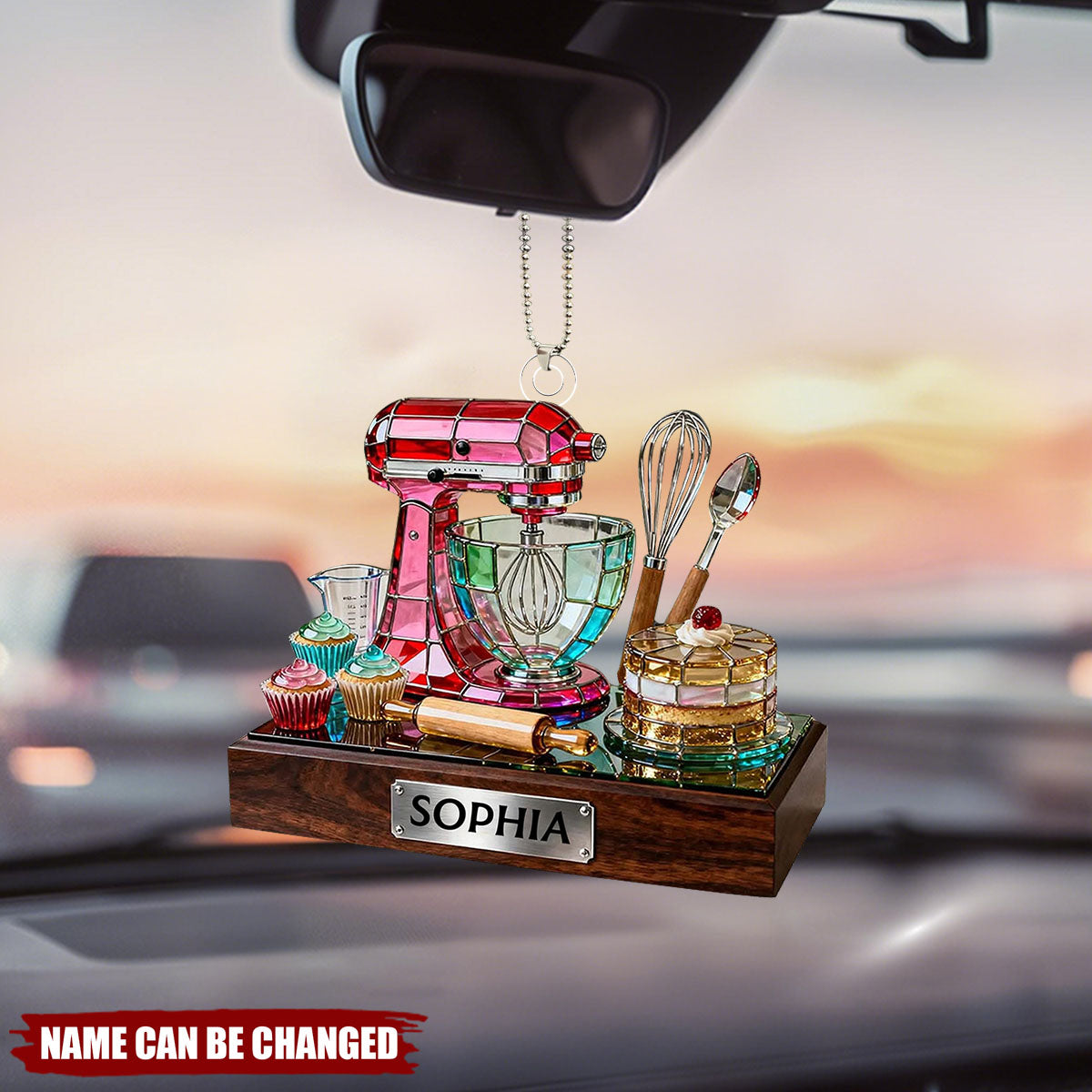 Personalized 3D Effect Stained Style Baking Mixer Car Acrylic Ornament With Name - Unique Birthday Gift For Bakers Pastry Chefs & Mom