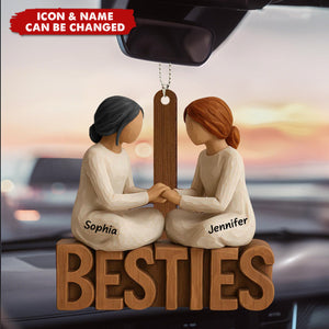 Personalized Besties Forever Together Wooden Style Car Ornament With Names & Icons | Heartfelt Birthday Friendship Gift For Best Friends