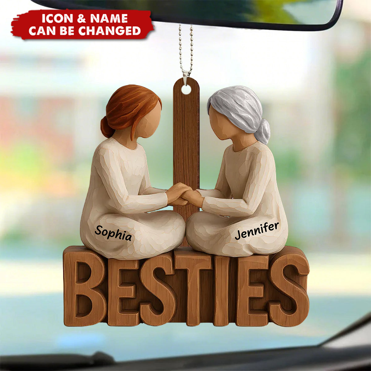 Personalized Besties Forever Together Wooden Style Car Ornament With Names & Icons | Heartfelt Birthday Friendship Gift For Best Friends