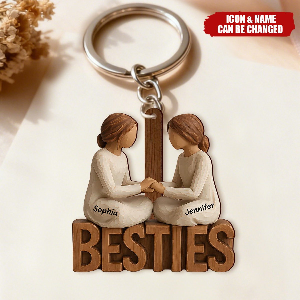 Personalized Besties Forever Together Wooden Style keychain With Names & Icons | Heartfelt Birthday Gift For Best Friends