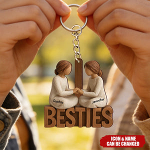 Personalized Besties Forever Together Wooden Style keychain With Names & Icons | Heartfelt Birthday Gift For Best Friends