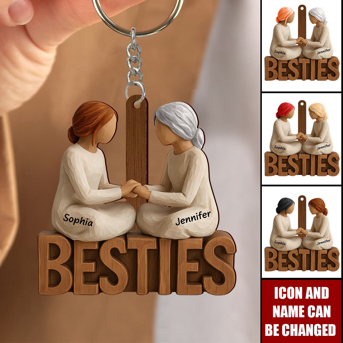 Personalized Besties Forever Together Wooden Style keychain With Names & Icons | Heartfelt Birthday Gift For Best Friends