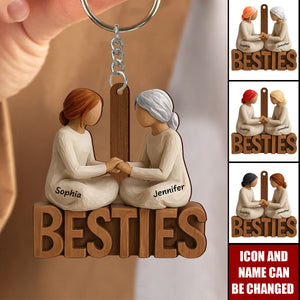 Personalized Besties Forever Together Wooden Style keychain With Names & Icons | Heartfelt Birthday Gift For Best Friends