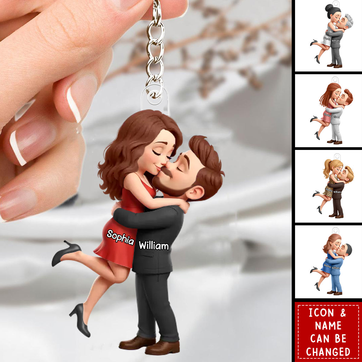 Personalized Kissing In Wedding Acrylic Keychain With Names & Icons - Valentine's Day Gift Marriage Anniversary Gift For Couples