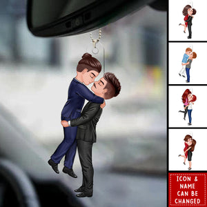 Personalized 3D Effect Cartoon Hugging Couple Acrylic Ornament With Icons & Names - Valentine's Day Gift Anniversary For Husband And Wife