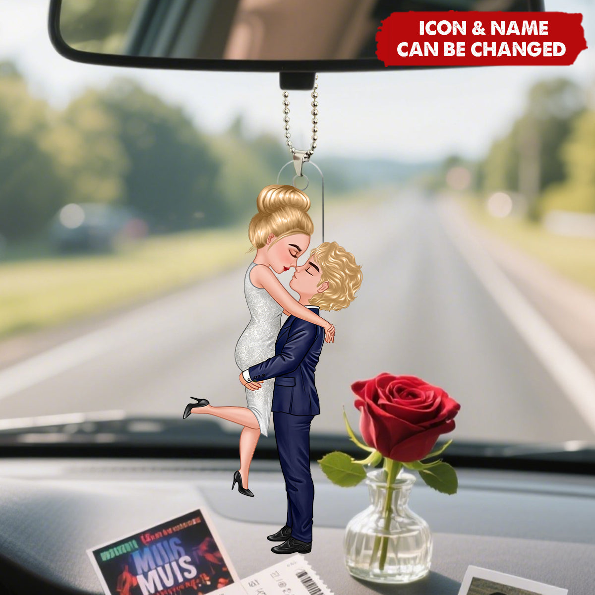 Personalized 3D Effect Cartoon Hugging Couple Acrylic Ornament With Icons & Names - Valentine's Day Gift Anniversary For Husband And Wife