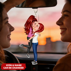 Personalized 3D Effect Cartoon Hugging Couple Acrylic Ornament With Icons & Names - Valentine's Day Gift Anniversary For Husband And Wife