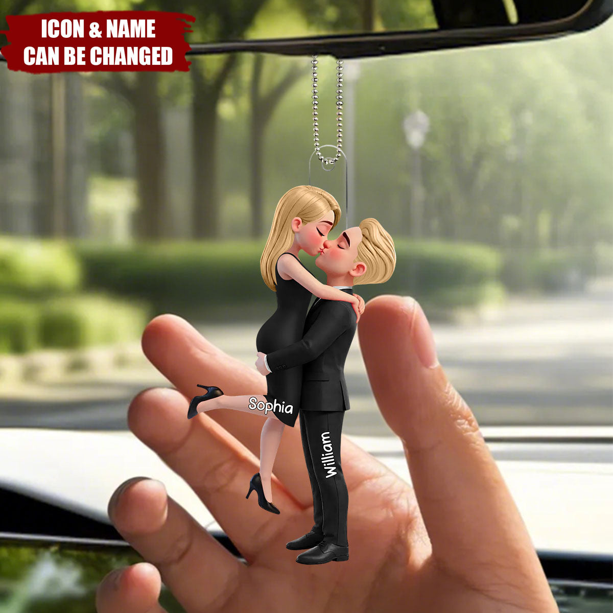 Personalized 3D Effect Acrylic Car Ornament With Names & Icons | Romantic Hugging kissing Couple | Unique Valentine's Day Gift For Couple Soulmates