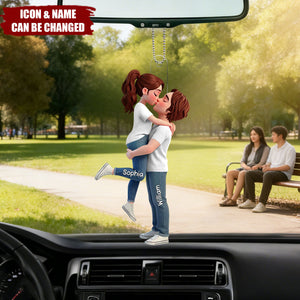 Personalized 3D Effect Acrylic Car Ornament With Names & Icons | Romantic Hugging kissing Couple | Unique Valentine's Day Gift For Couple Soulmates