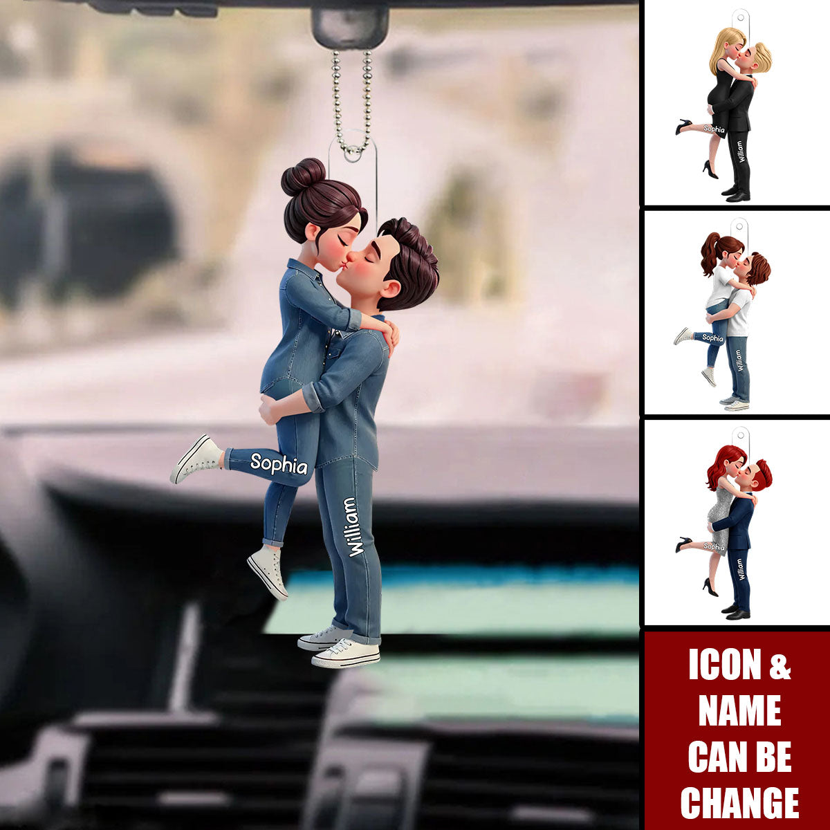 Personalized 3D Effect Acrylic Car Ornament With Names & Icons | Romantic Hugging kissing Couple | Unique Valentine's Day Gift For Couple Soulmates