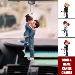 Personalized 3D Effect Acrylic Car Ornament With Names & Icons | Romantic Hugging kissing Couple | Unique Valentine's Day Gift For Couple Soulmates