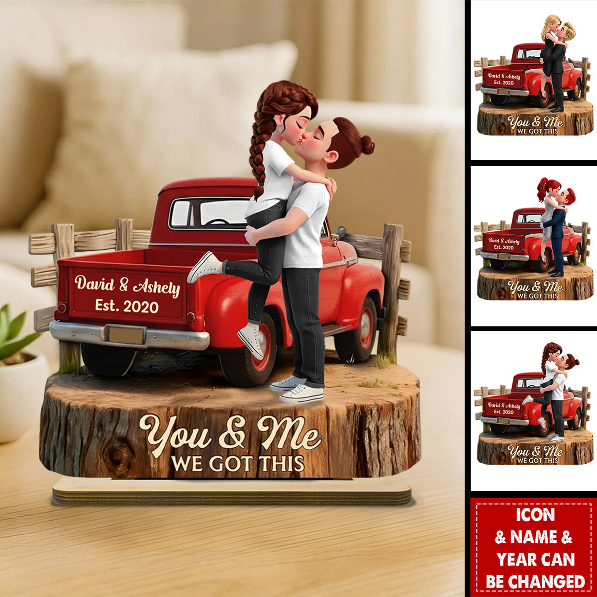 Personalized 3D Effect Double-Layered Pickup Truck Wooden Plaque With Names & Year - Wedding Keepsake Valentine's Day Gift For Couples