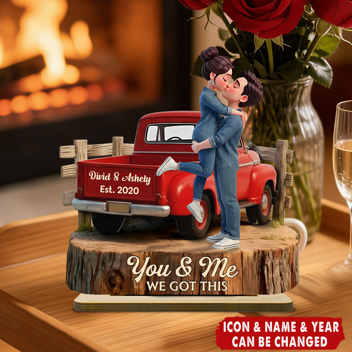 Personalized 3D Effect Double-Layered Pickup Truck Wooden Plaque With Names & Year - Wedding Keepsake Valentine's Day Gift For Couples