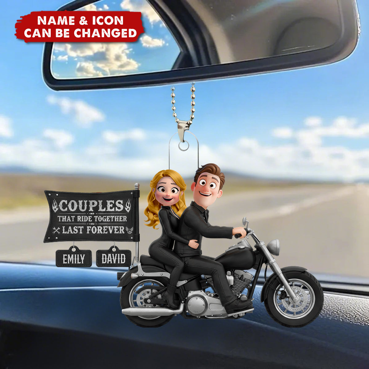 Personalized 3D Effect Motorcycle Couple Acrylic Hanging Ornament With Name & Icons - Best Anniversary Valentine's Day Gift For Couples