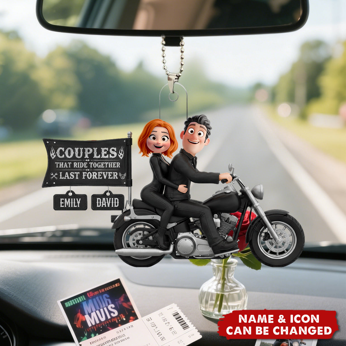 Personalized 3D Effect Motorcycle Couple Acrylic Hanging Ornament With Name & Icons - Best Anniversary Valentine's Day Gift For Couples