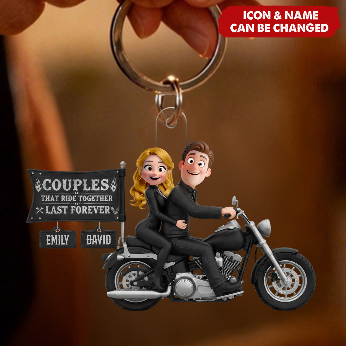 Personalized 3D Effect Biker Couple Acrylic Keychain With Names Icons - Anniversary Valentine’s Day Gift For Motorcycle Lovers