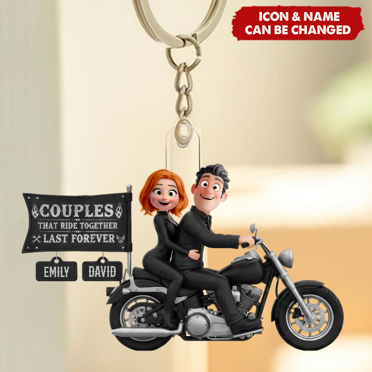 Personalized 3D Effect Biker Couple Acrylic Keychain With Names Icons - Anniversary Valentine’s Day Gift For Motorcycle Lovers