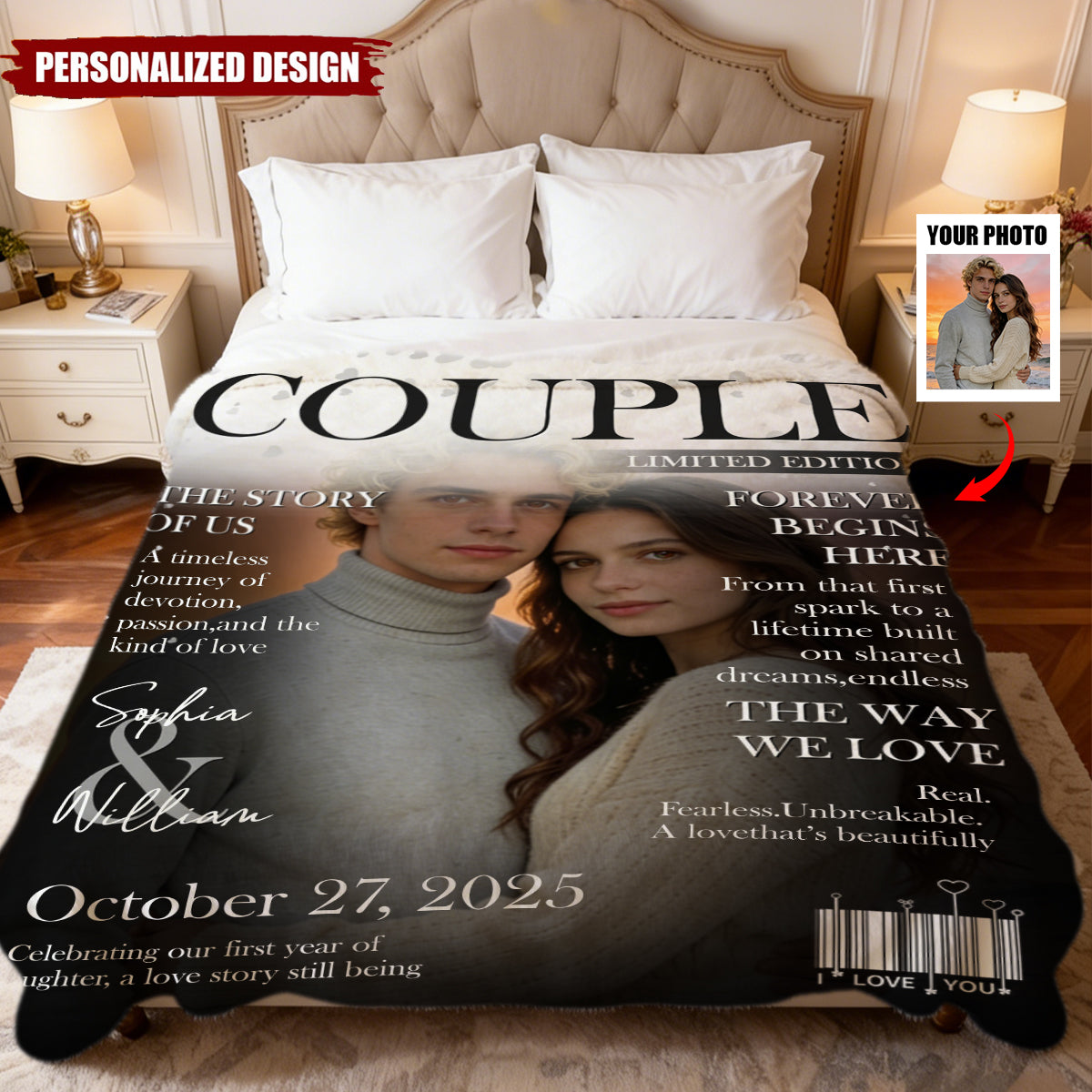 Personalized Couple Magazine Cover Blanket With Names & Photo & Tagline & Year | Valentine's Day Anniversary Gift For Couples & Newlyweds