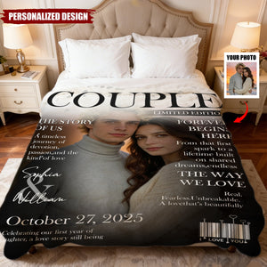 Personalized Couple Magazine Cover Blanket With Names & Photo & Tagline & Year | Valentine's Day Anniversary Gift For Couples & Newlyweds