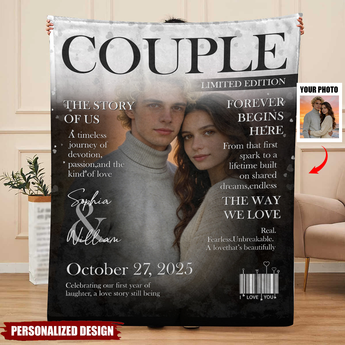 Personalized Couple Magazine Cover Blanket With Names & Photo & Tagline & Year | Valentine's Day Anniversary Gift For Couples & Newlyweds
