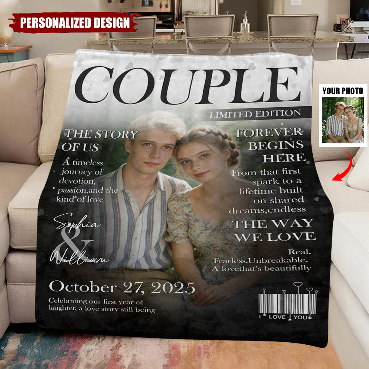 Personalized Couple Magazine Cover Blanket With Names & Photo & Tagline & Year | Valentine's Day Anniversary Gift For Couples & Newlyweds