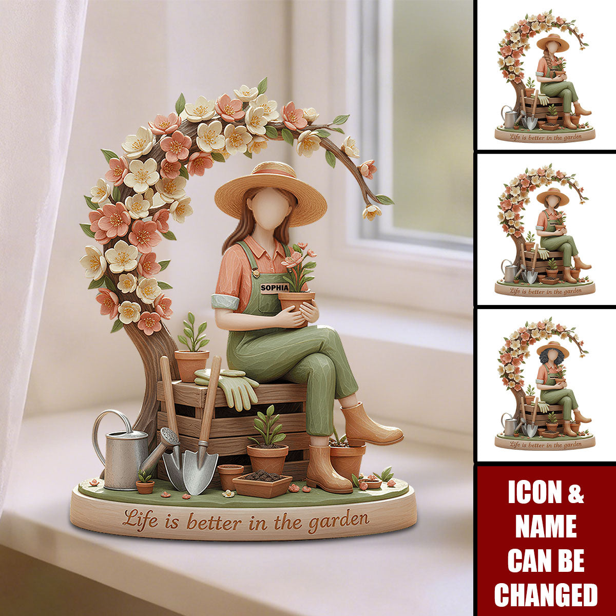 Personalized 3D Effect Gardening Girl Acrylic Plaque With Name & Icon | Unique Mother's Day Birthday Gift For Garden Lovers Mom