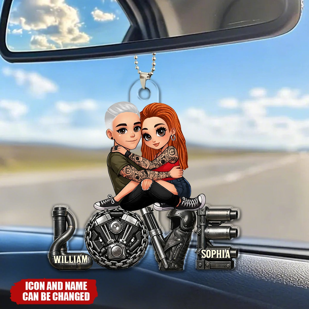 Personalized Biker Couple Acrylic Car Ornament With Names & Icons - Valentine's Day Or Anniversary Gift For Motorcycle Enthusiasts