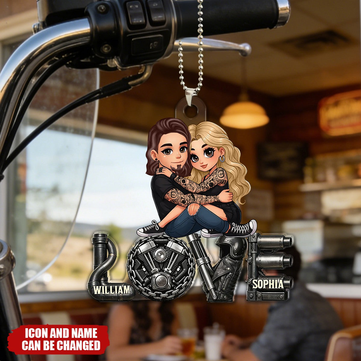 Personalized Biker Couple Acrylic Car Ornament With Names & Icons - Valentine's Day Or Anniversary Gift For Motorcycle Enthusiasts