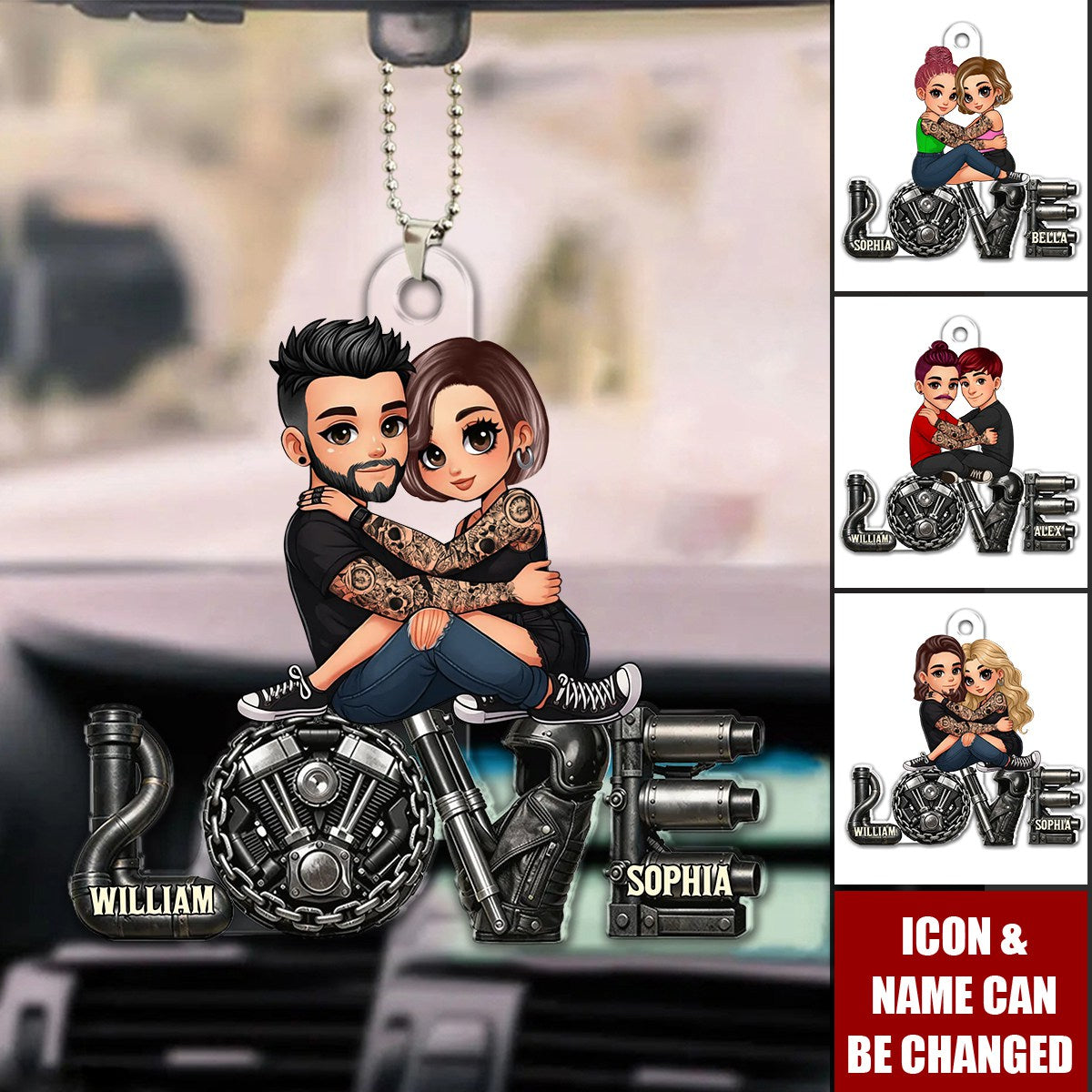 Personalized Biker Couple Acrylic Car Ornament With Names & Icons - Valentine's Day Or Anniversary Gift For Motorcycle Enthusiasts