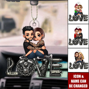Personalized Biker Couple Acrylic Car Ornament With Names & Icons - Valentine's Day Or Anniversary Gift For Motorcycle Enthusiasts