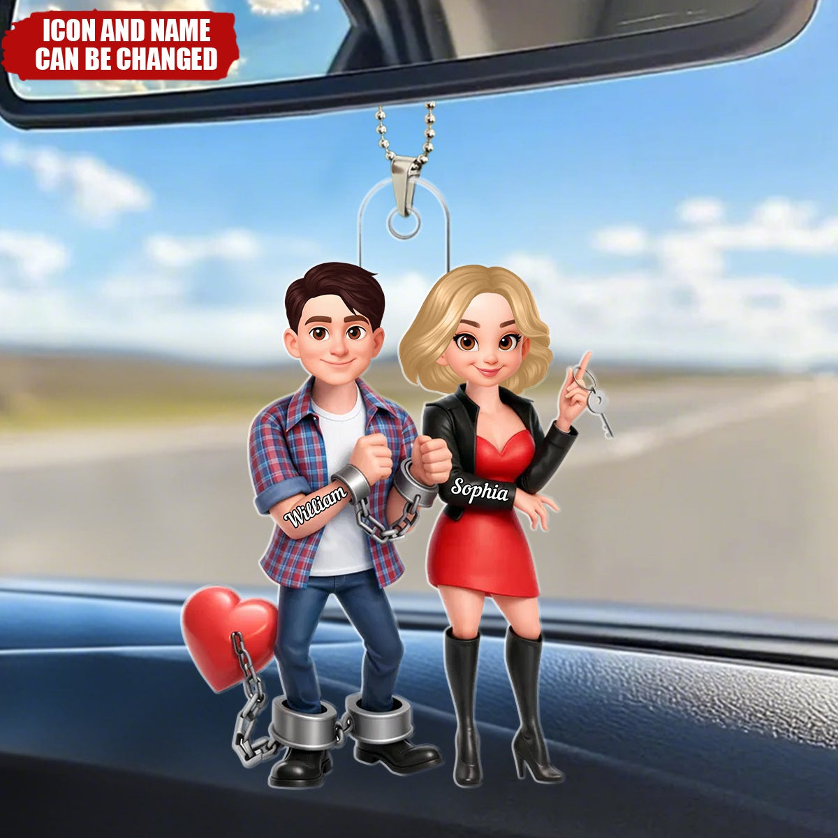 Personalized Cartoon Funny Handcuffed Couple Acrylic Car Ornament With Names & Icons - Humorous Gag Valentine's Day Gift For Boyfriend Husband