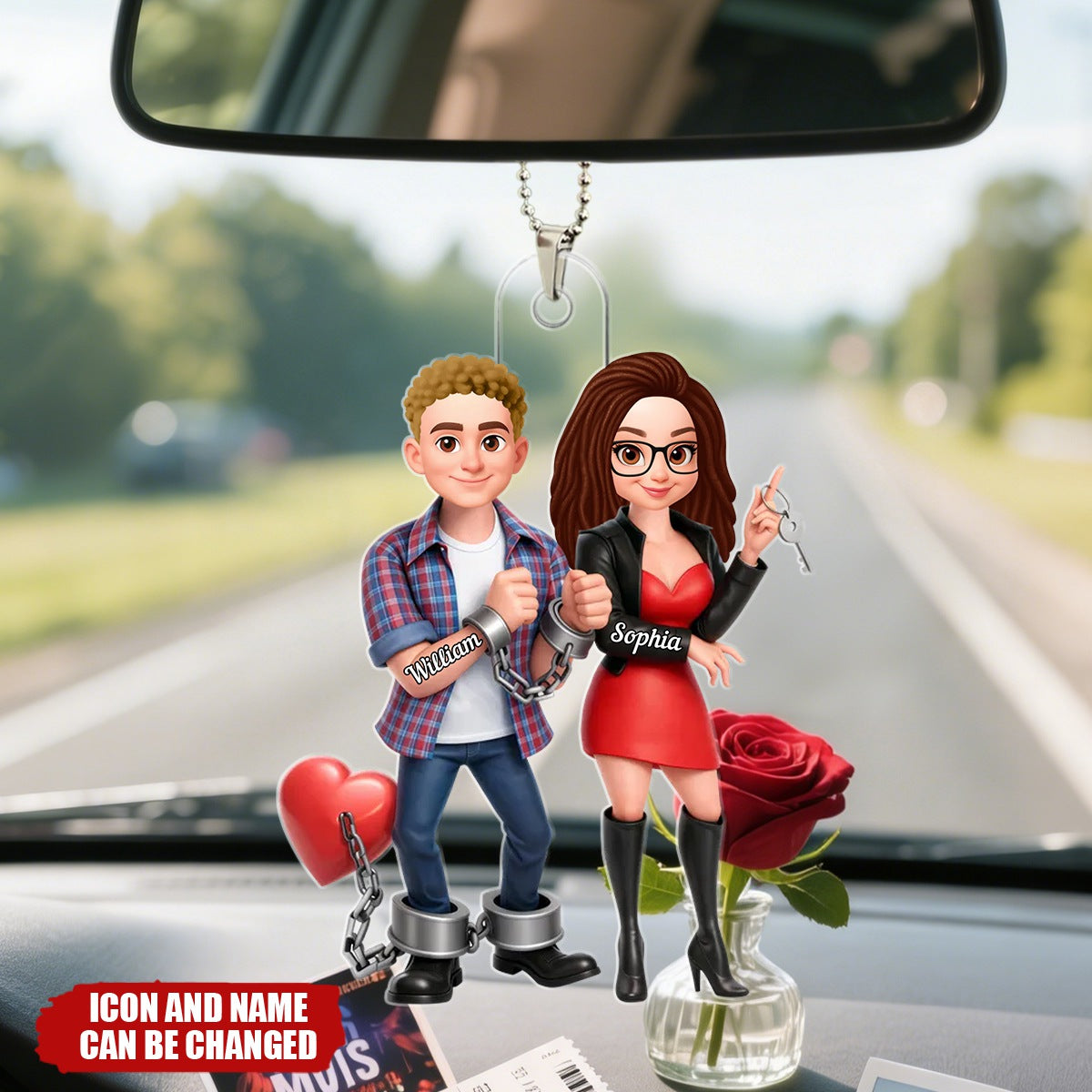 Personalized Cartoon Funny Handcuffed Couple Acrylic Car Ornament With Names & Icons - Humorous Gag Valentine's Day Gift For Boyfriend Husband
