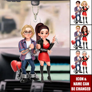 Personalized Cartoon Funny Handcuffed Couple Acrylic Car Ornament With Names & Icons - Humorous Gag Valentine's Day Gift For Boyfriend Husband
