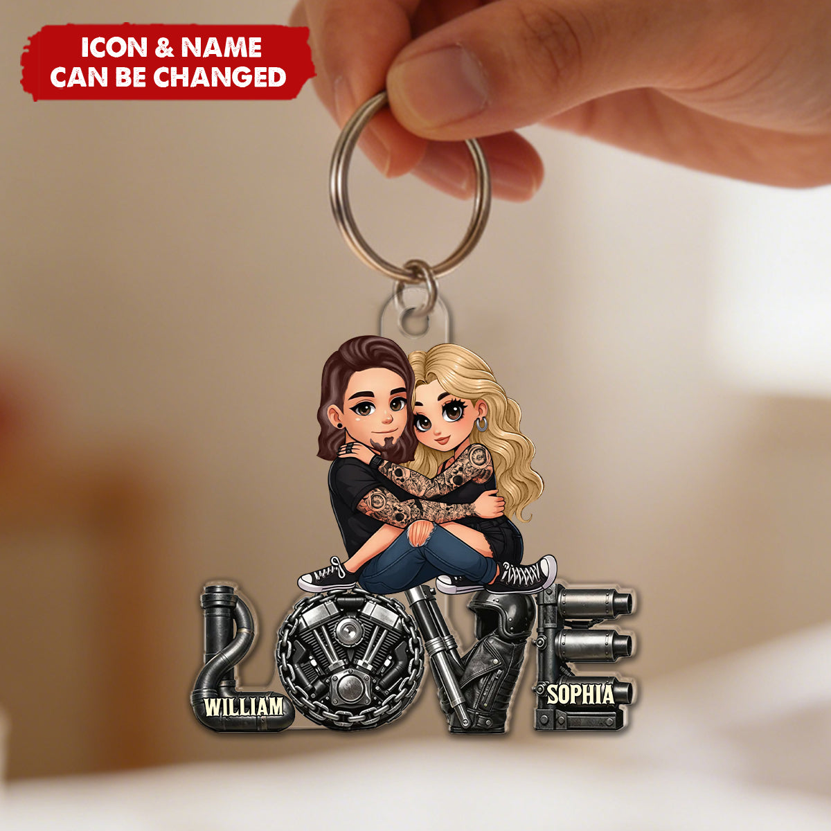 Personalized Biker Couple Engine LOVE Acrylic Keychain With Names & Icons - Valentine's Day Or Birthday Gift For Enthusiasts & Partners