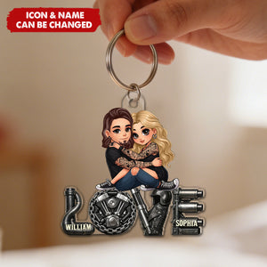 Personalized Biker Couple Engine LOVE Acrylic Keychain With Names & Icons - Valentine's Day Or Birthday Gift For Enthusiasts & Partners