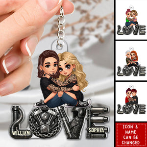 Personalized Biker Couple Engine LOVE Acrylic Keychain With Names & Icons - Valentine's Day Or Birthday Gift For Enthusiasts & Partners