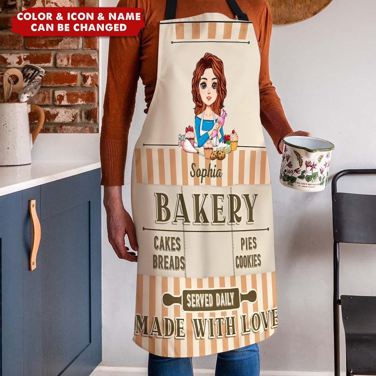 Personalized Adjustable Striped Kitchen Bakery Apron With Baker Icon & Name - Mother's Day Birthday Gift For Baking Lovers & Moms