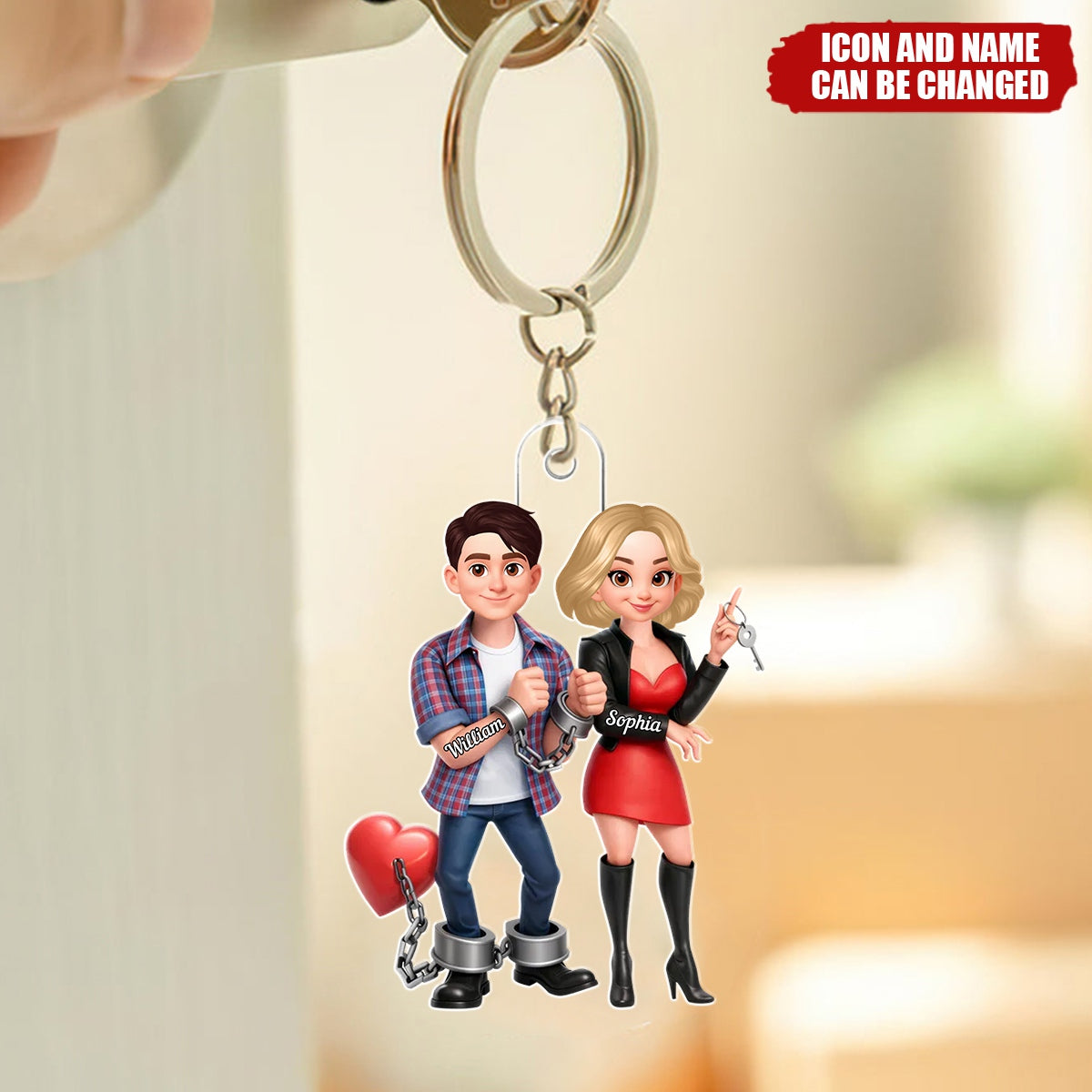 Personalized Funny Handcuffed Cartoon Acrylic Keychain With Names & Icons - Valentine’s Day Anniversary Gift For Couples And Newlyweds