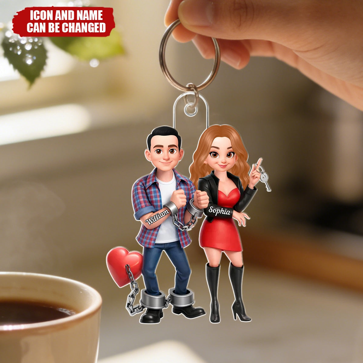 Personalized Funny Handcuffed Cartoon Acrylic Keychain With Names & Icons - Valentine’s Day Anniversary Gift For Couples And Newlyweds