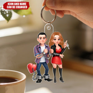 Personalized Funny Handcuffed Cartoon Acrylic Keychain With Names & Icons - Valentine’s Day Anniversary Gift For Couples And Newlyweds