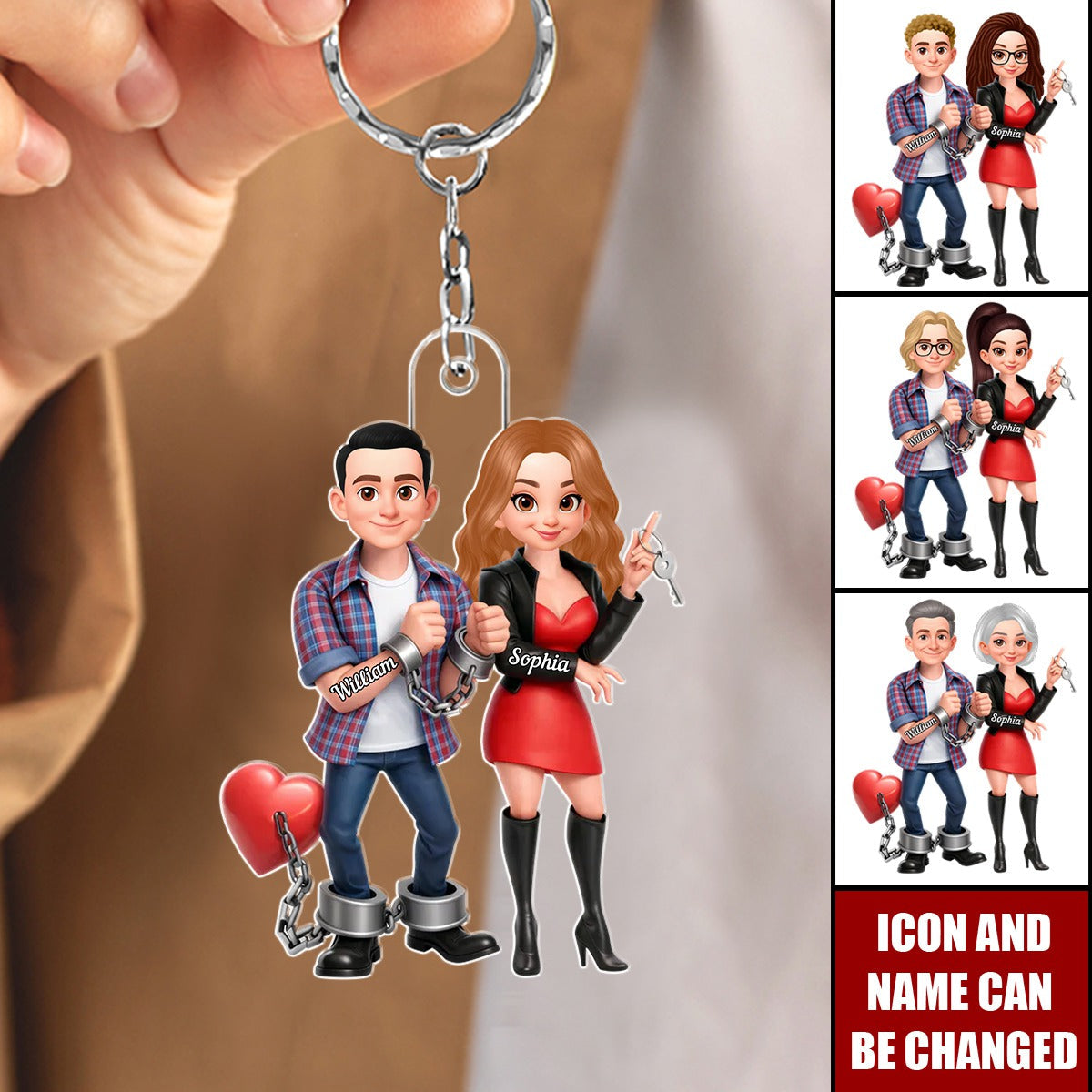 Personalized Funny Handcuffed Cartoon Acrylic Keychain With Names & Icons - Valentine’s Day Anniversary Gift For Couples And Newlyweds