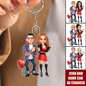 Personalized Funny Handcuffed Cartoon Acrylic Keychain With Names & Icons - Valentine’s Day Anniversary Gift For Couples And Newlyweds