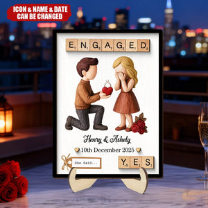 Personalized Couple Engagement Proposal 2-Layered Wooden Plaque With Names & Date & Icons - Valentine's Day Proposal Gift For Couples