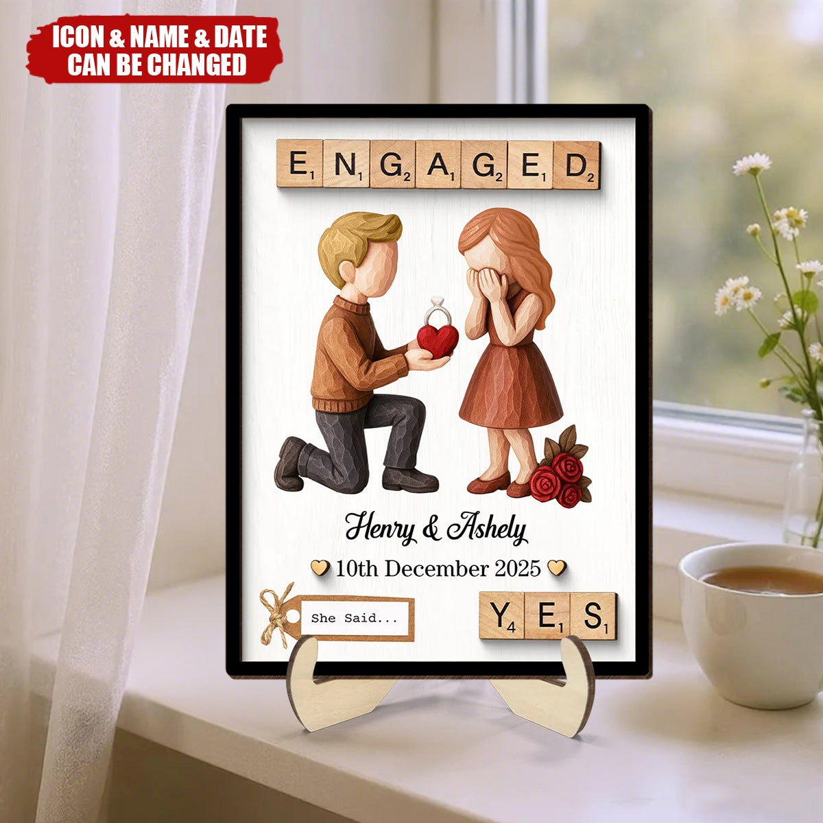 Personalized Couple Engagement Proposal 2-Layered Wooden Plaque With Names & Date & Icons - Valentine's Day Proposal Gift For Couples