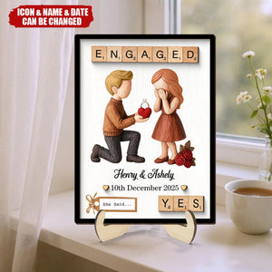 Personalized Couple Engagement Proposal 2-Layered Wooden Plaque With Names & Date & Icons - Valentine's Day Proposal Gift For Couples