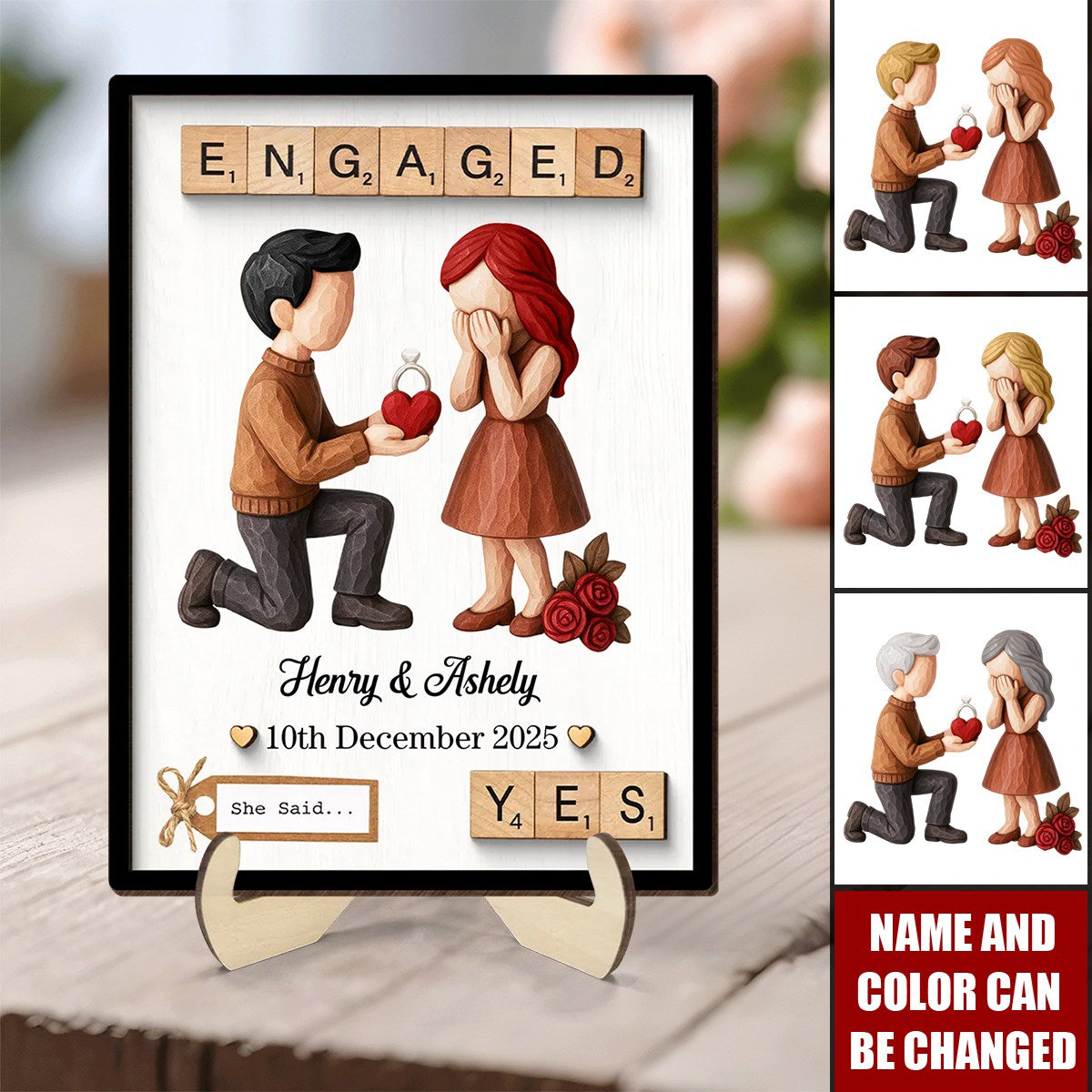 Personalized Couple Engagement Proposal 2-Layered Wooden Plaque With Names & Date & Icons - Valentine's Day Proposal Gift For Couples